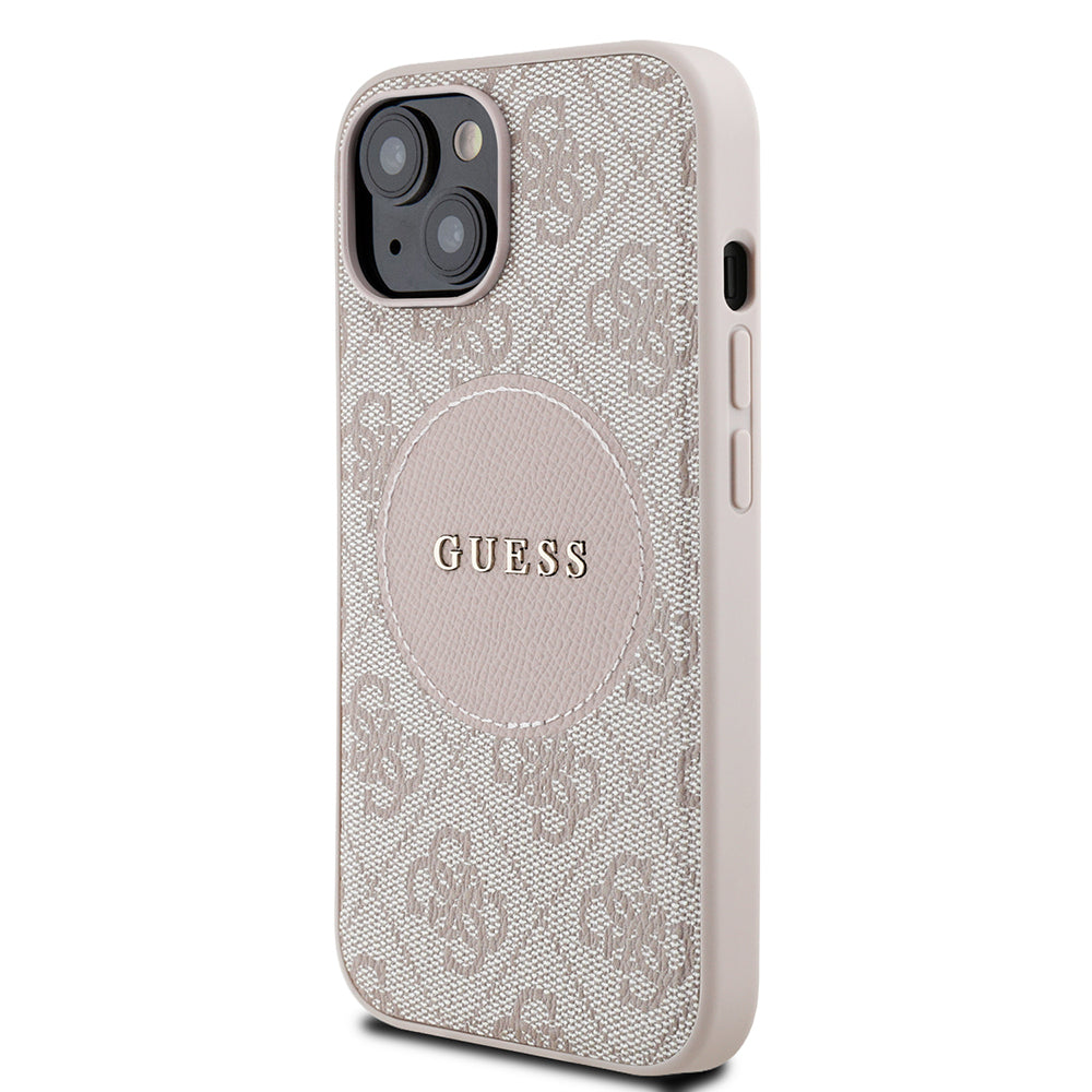 Apple iPhone 15 Kılıf Guess Orjinal Lisanslı M-safe Şarj Özellikli Yazı Logolu Circle Classic Kapak Pembe