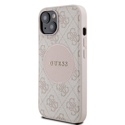 Apple iPhone 15 Kılıf Guess Orjinal Lisanslı M-safe Şarj Özellikli Yazı Logolu Circle Classic Kapak Pembe