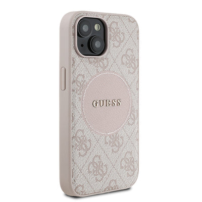 Apple iPhone 15 Kılıf Guess Orjinal Lisanslı M-safe Şarj Özellikli Yazı Logolu Circle Classic Kapak Pembe