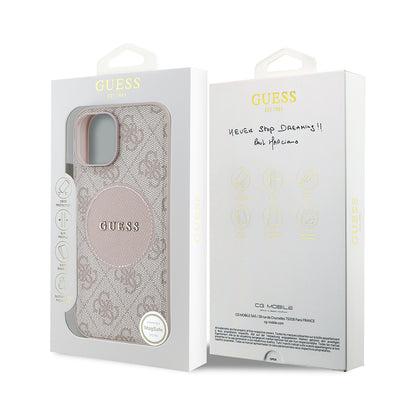 Apple iPhone 15 Kılıf Guess Orjinal Lisanslı M-safe Şarj Özellikli Yazı Logolu Circle Classic Kapak Pembe