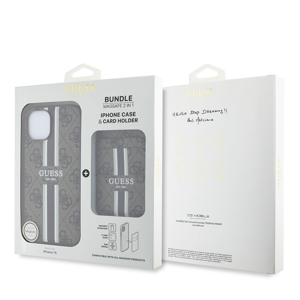 iPhone 15 Kılıf Guess Orjinal Lisanslı M-safe Şarj Özellikli 4G Desenli Çizgili Kartlıklı Kılıf