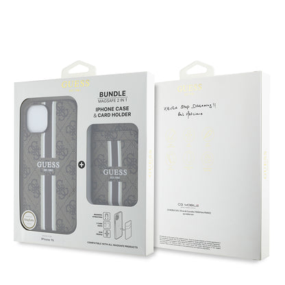 iPhone 15 Kılıf Guess Orjinal Lisanslı M-safe Şarj Özellikli 4G Desenli Çizgili Kartlıklı Kılıf