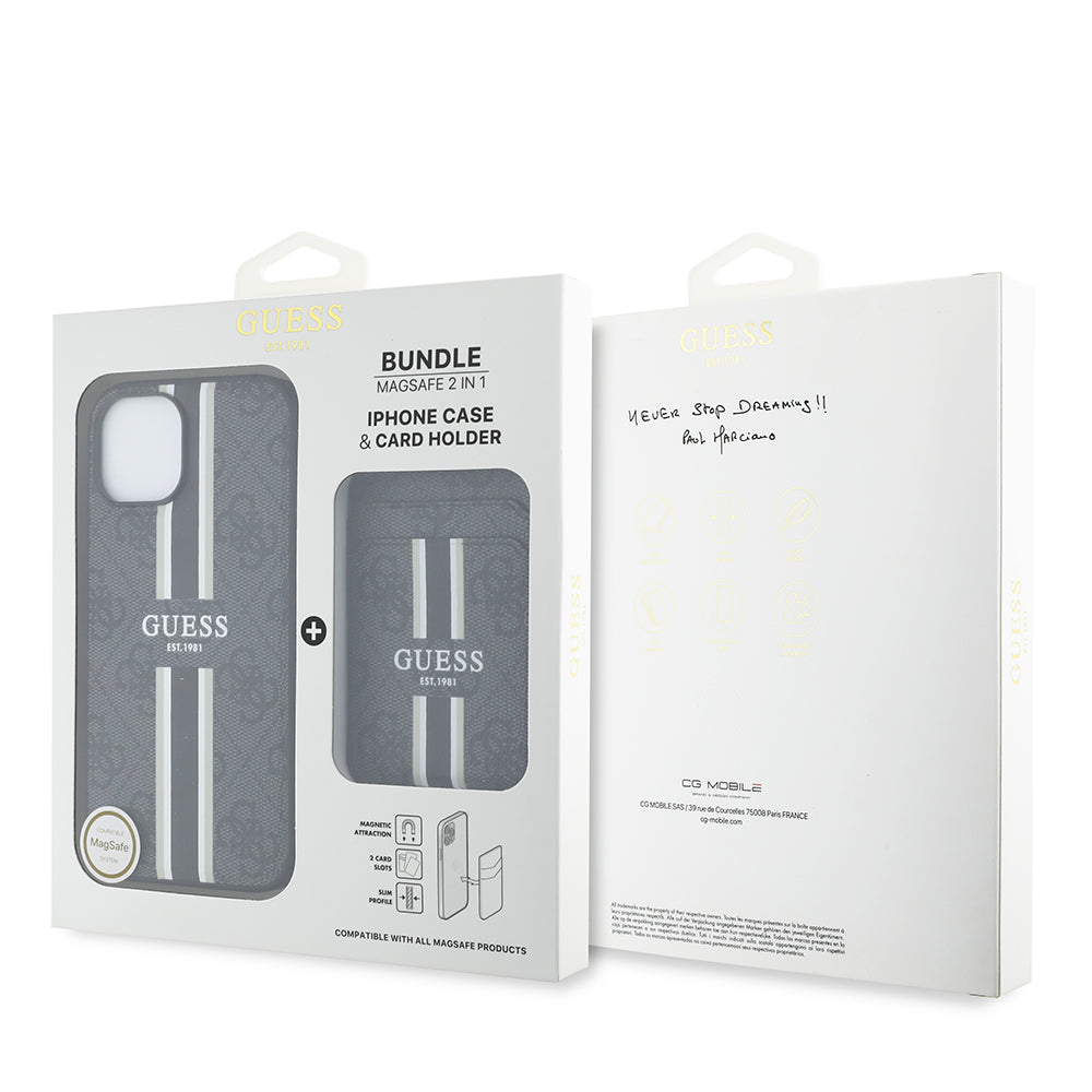 iPhone 15 Kılıf Guess Orjinal Lisanslı M-safe Şarj Özellikli 4G Desenli Çizgili Kartlıklı Kılıf