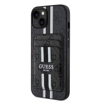 iPhone 15 Kılıf Guess Orjinal Lisanslı M-safe Şarj Özellikli 4G Desenli Çizgili Kartlıklı Kılıf