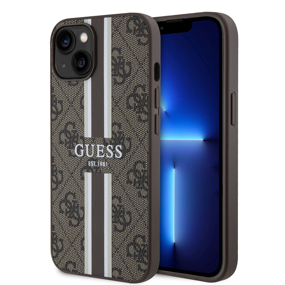 iPhone 15 Kılıf Guess Orjinal Lisanslı M-safe Şarj Özellikli 4G Şerit Tasarımlı Printed Kılıf