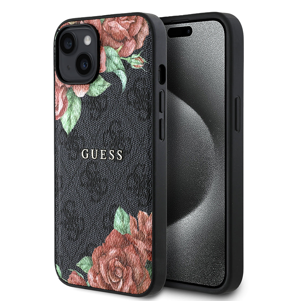 iPhone 15 Kılıf Guess Orjinal Lisanslı M-safe Şarj Özellikli Gül Baskılı 4G Desenli Yazı Logolu Kılıf