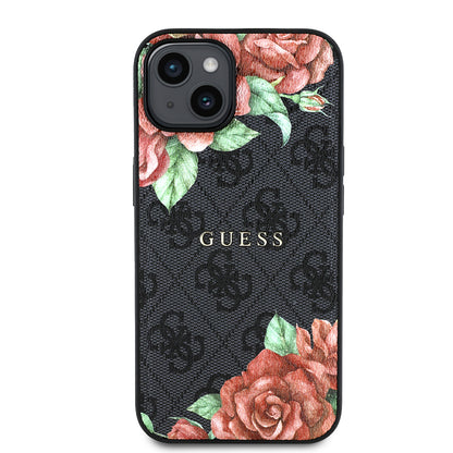 iPhone 15 Kılıf Guess Orjinal Lisanslı M-safe Şarj Özellikli Gül Baskılı 4G Desenli Yazı Logolu Kılıf