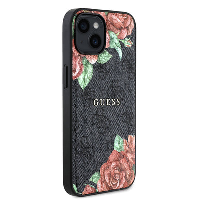Apple iPhone 15 Kılıf Guess Orjinal Lisanslı Magsafe Şarj Özellikli Gül Baskılı 4G Desenli Yazı Logolu Kapak Siyah