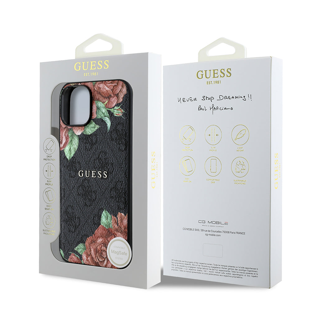 iPhone 15 Kılıf Guess Orjinal Lisanslı M-safe Şarj Özellikli Gül Baskılı 4G Desenli Yazı Logolu Kılıf