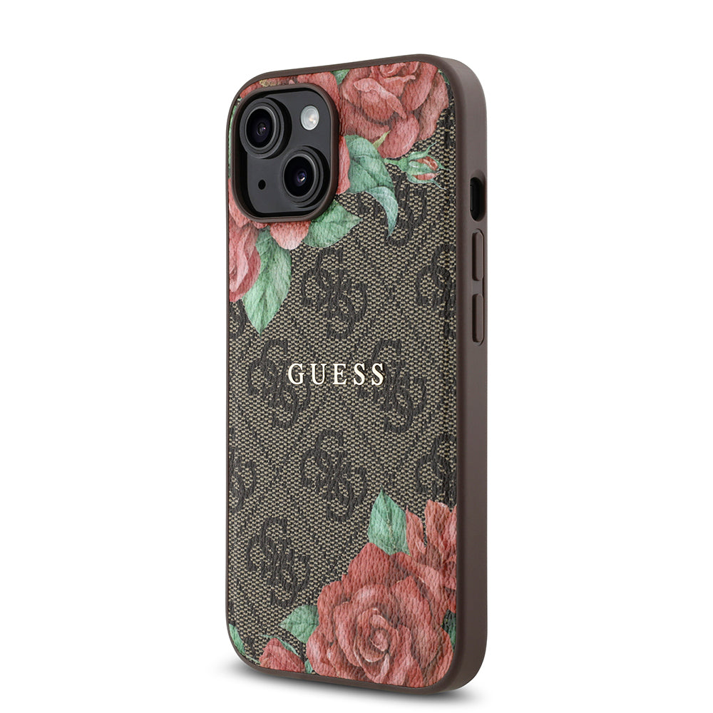 Apple iPhone 15 Kılıf Guess Orjinal Lisanslı Magsafe Şarj Özellikli Gül Baskılı 4G Desenli Yazı Logolu Kapak Siyah