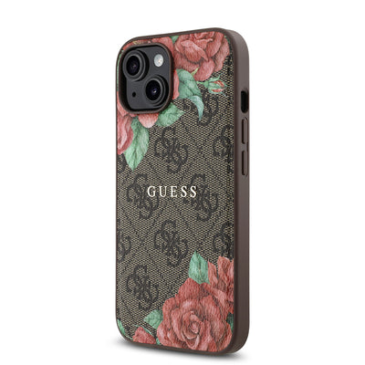Apple iPhone 15 Kılıf Guess Orjinal Lisanslı Magsafe Şarj Özellikli Gül Baskılı 4G Desenli Yazı Logolu Kapak Siyah