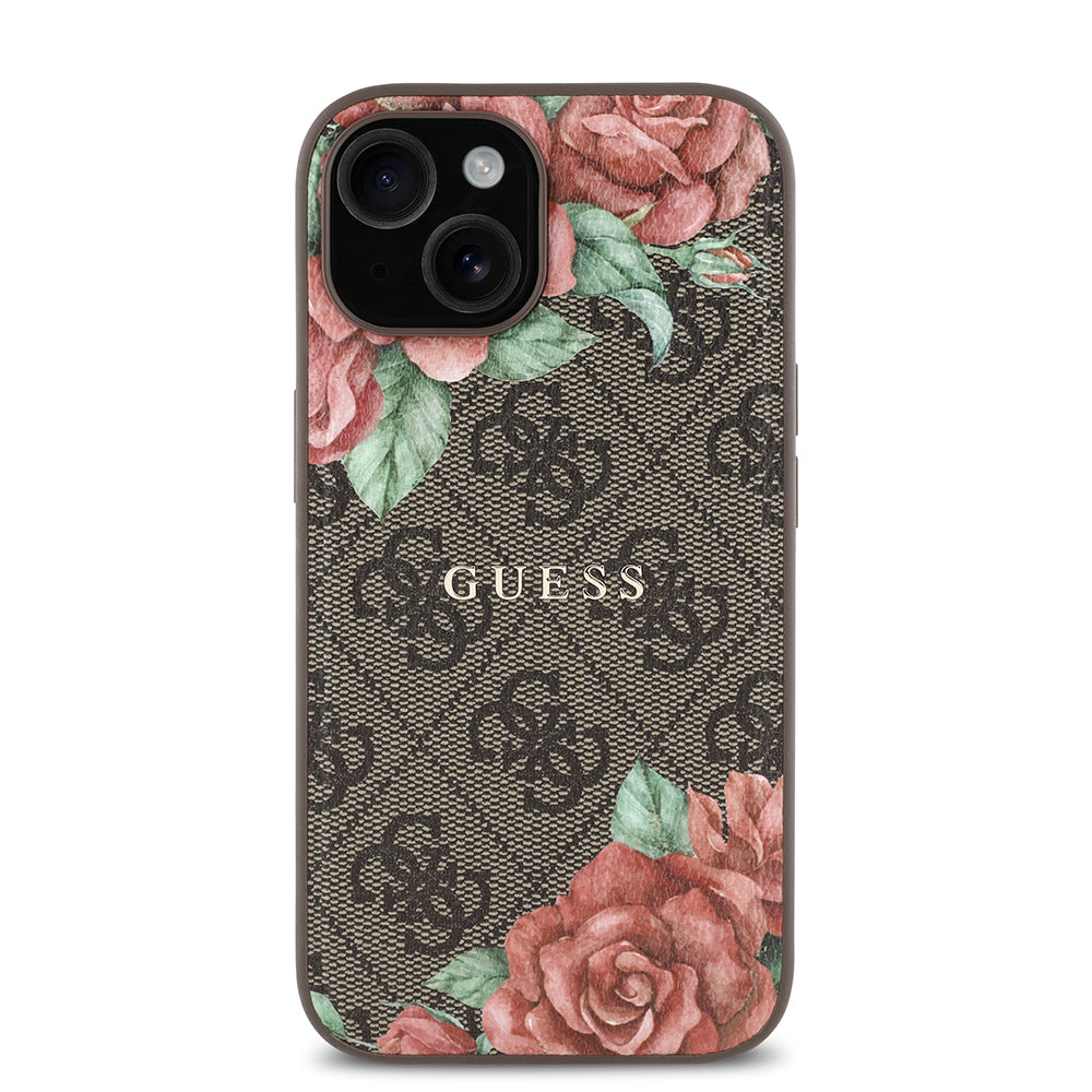 iPhone 15 Kılıf Guess Orjinal Lisanslı M-safe Şarj Özellikli Gül Baskılı 4G Desenli Yazı Logolu Kılıf
