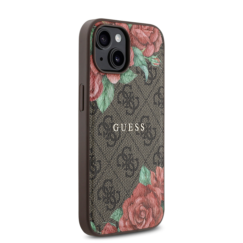 iPhone 15 Kılıf Guess Orjinal Lisanslı M-safe Şarj Özellikli Gül Baskılı 4G Desenli Yazı Logolu Kılıf