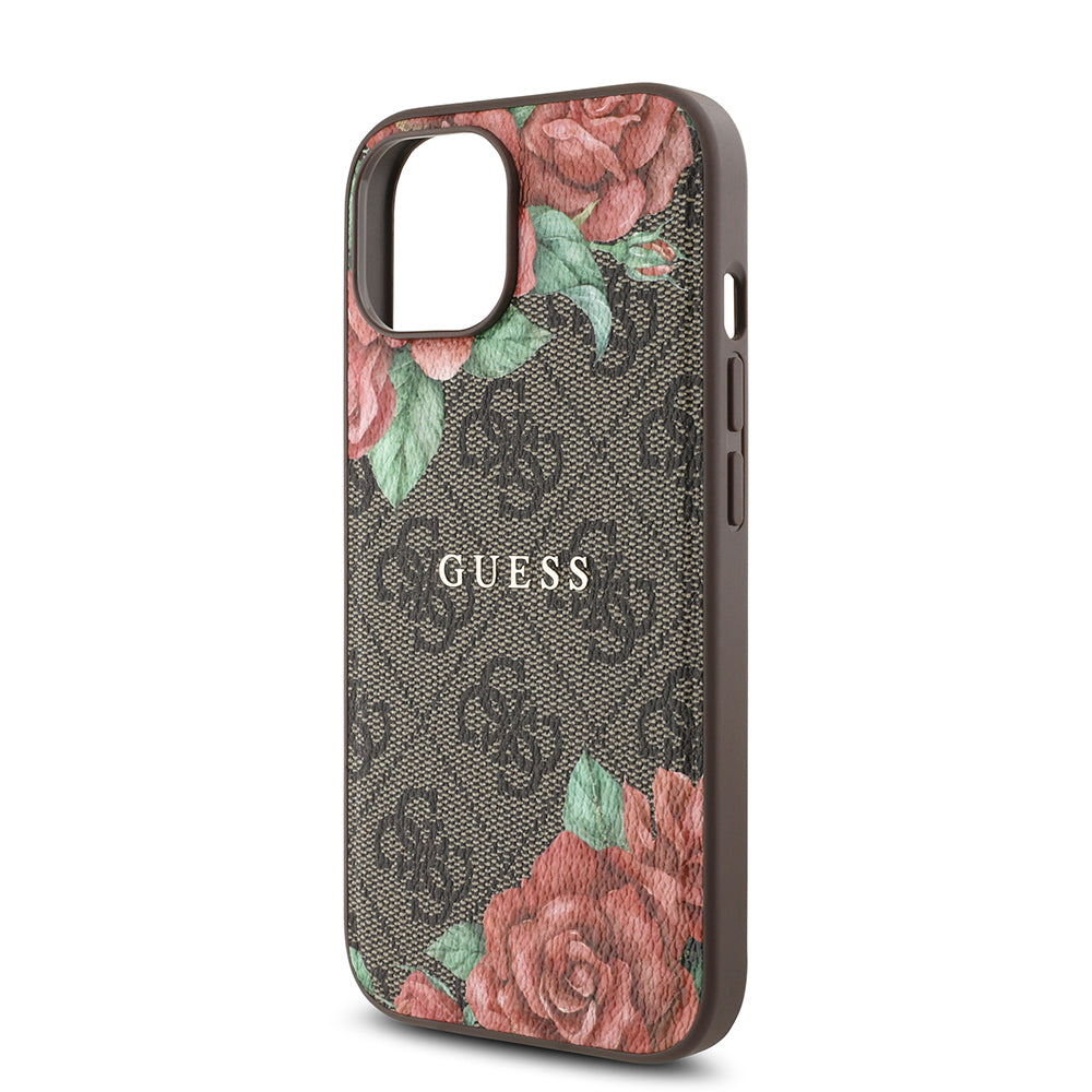 iPhone 15 Kılıf Guess Orjinal Lisanslı M-safe Şarj Özellikli Gül Baskılı 4G Desenli Yazı Logolu Kılıf