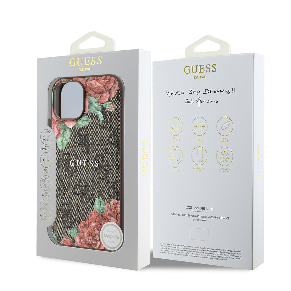 iPhone 15 Kılıf Guess Orjinal Lisanslı M-safe Şarj Özellikli Gül Baskılı 4G Desenli Yazı Logolu Kılıf
