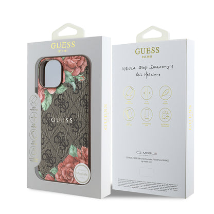 iPhone 15 Kılıf Guess Orjinal Lisanslı M-safe Şarj Özellikli Gül Baskılı 4G Desenli Yazı Logolu Kılıf