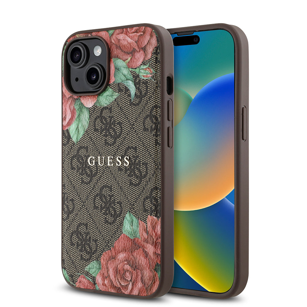 iPhone 15 Kılıf Guess Orjinal Lisanslı M-safe Şarj Özellikli Gül Baskılı 4G Desenli Yazı Logolu Kılıf