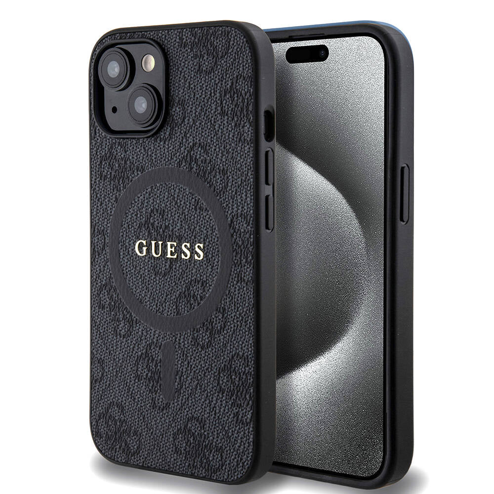 iPhone 15 Kılıf Guess Orjinal Lisanslı M-safe Şarj Özellikli PU Halkalı 4G Desenli Yazı Logolu Kılıf