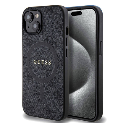 iPhone 15 Kılıf Guess Orjinal Lisanslı M-safe Şarj Özellikli PU Halkalı 4G Desenli Yazı Logolu Kılıf