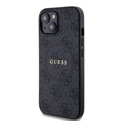 iPhone 15 Kılıf Guess Orjinal Lisanslı M-safe Şarj Özellikli PU Halkalı 4G Desenli Yazı Logolu Kılıf