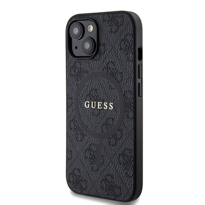 Apple iPhone 15 Kılıf Guess Orjinal Lisanslı Magsafe Şarj Özellikli PU Halkalı 4G Desenli Yazı Logolu Kapak Pembe