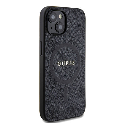 iPhone 15 Kılıf Guess Orjinal Lisanslı M-safe Şarj Özellikli PU Halkalı 4G Desenli Yazı Logolu Kılıf