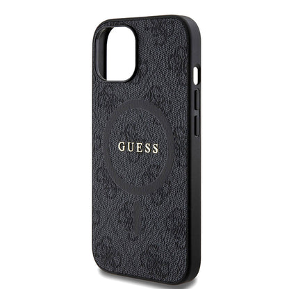 iPhone 15 Kılıf Guess Orjinal Lisanslı M-safe Şarj Özellikli PU Halkalı 4G Desenli Yazı Logolu Kılıf