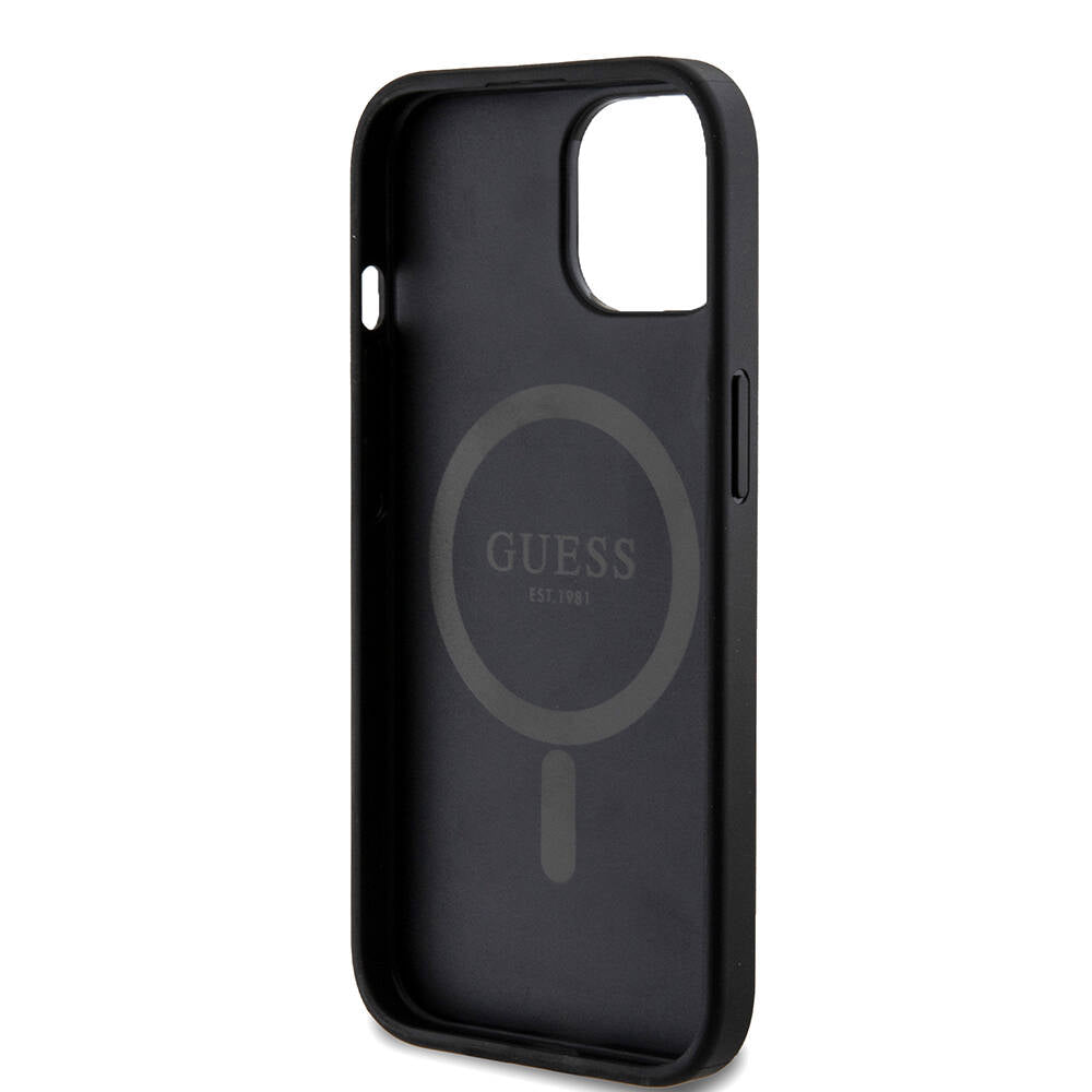 Apple iPhone 15 Kılıf Guess Orjinal Lisanslı Magsafe Şarj Özellikli PU Halkalı 4G Desenli Yazı Logolu Kapak Kahverengi