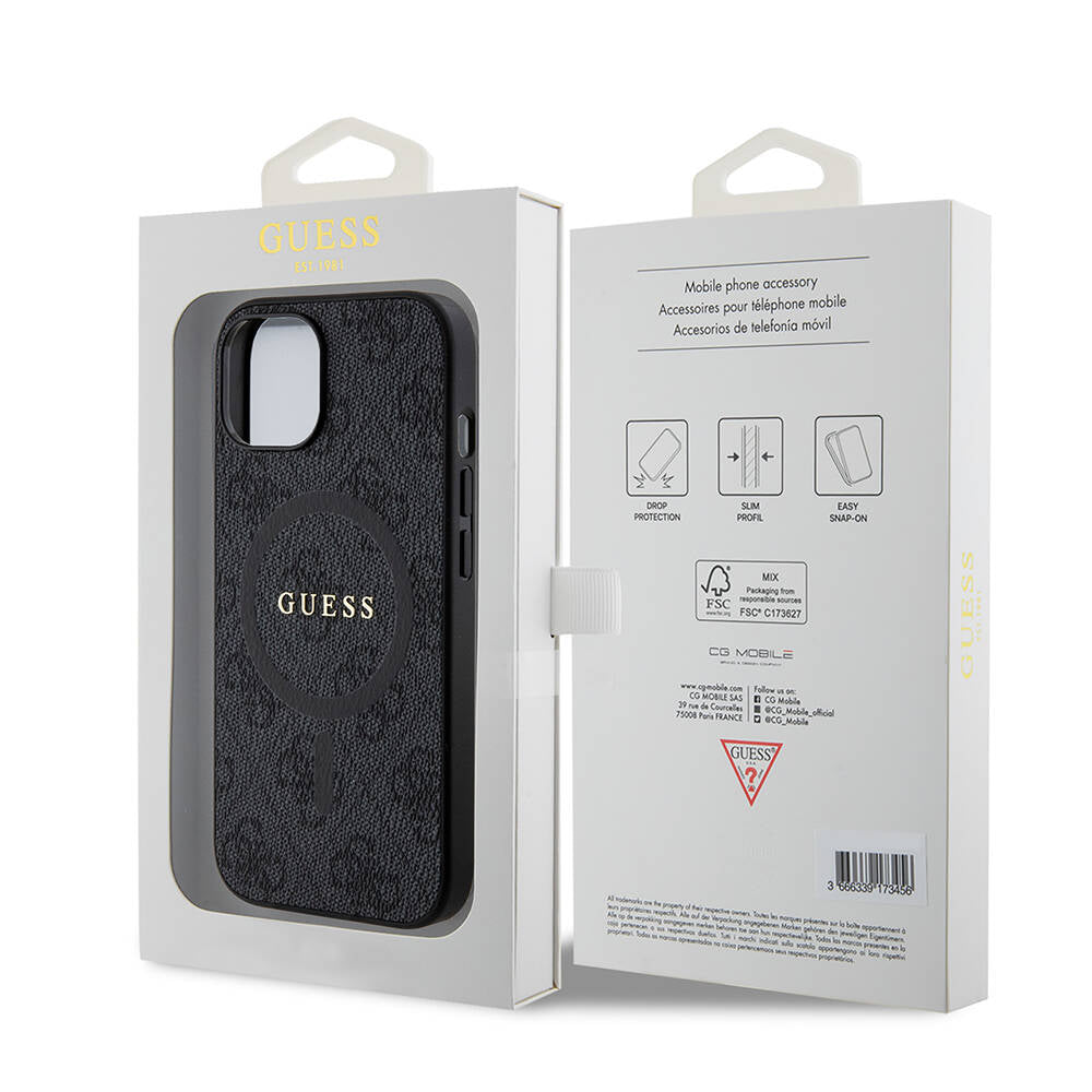 iPhone 15 Kılıf Guess Orjinal Lisanslı M-safe Şarj Özellikli PU Halkalı 4G Desenli Yazı Logolu Kılıf