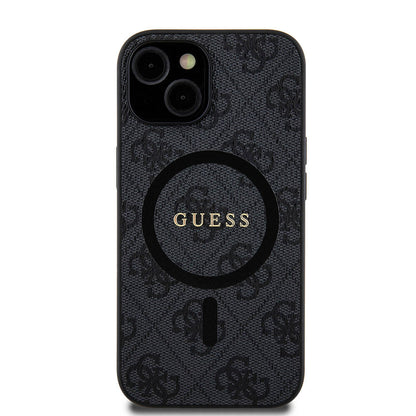 iPhone 15 Kılıf Guess Orjinal Lisanslı M-safe Şarj Özellikli PU Halkalı 4G Desenli Yazı Logolu Kılıf