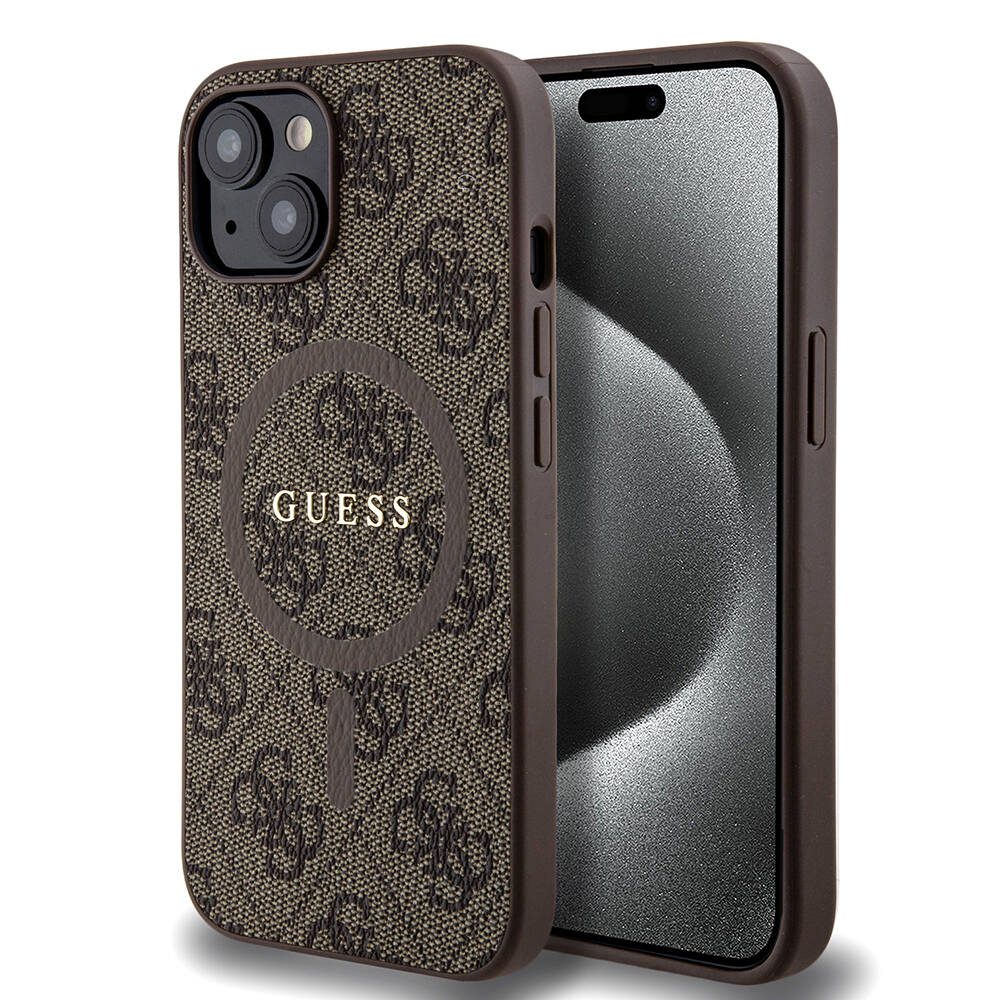 iPhone 15 Kılıf Guess Orjinal Lisanslı M-safe Şarj Özellikli PU Halkalı 4G Desenli Yazı Logolu Kılıf