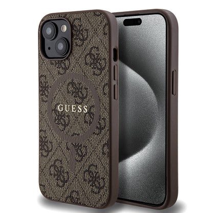 iPhone 15 Kılıf Guess Orjinal Lisanslı M-safe Şarj Özellikli PU Halkalı 4G Desenli Yazı Logolu Kılıf
