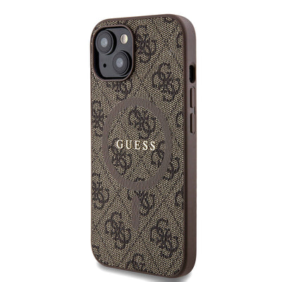 Apple iPhone 15 Kılıf Guess Orjinal Lisanslı Magsafe Şarj Özellikli PU Halkalı 4G Desenli Yazı Logolu Kapak Pembe