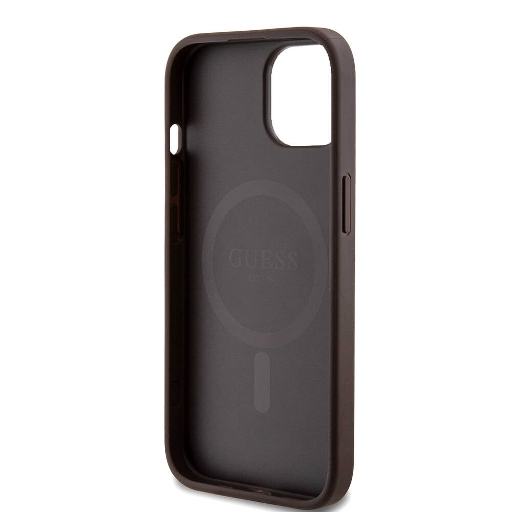 iPhone 15 Kılıf Guess Orjinal Lisanslı M-safe Şarj Özellikli PU Halkalı 4G Desenli Yazı Logolu Kılıf