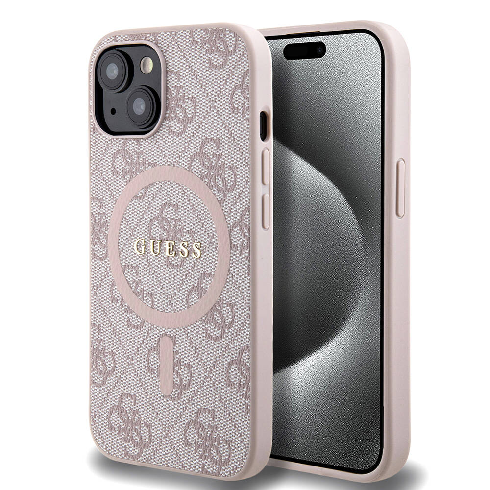 iPhone 15 Kılıf Guess Orjinal Lisanslı M-safe Şarj Özellikli PU Halkalı 4G Desenli Yazı Logolu Kılıf