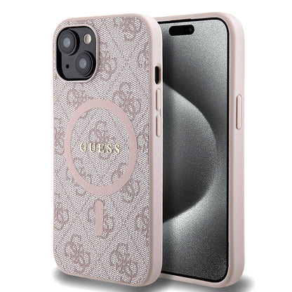 iPhone 15 Kılıf Guess Orjinal Lisanslı M-safe Şarj Özellikli PU Halkalı 4G Desenli Yazı Logolu Kılıf