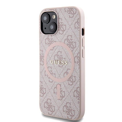 iPhone 15 Kılıf Guess Orjinal Lisanslı M-safe Şarj Özellikli PU Halkalı 4G Desenli Yazı Logolu Kılıf