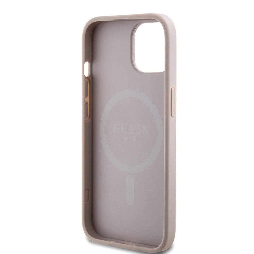 Apple iPhone 15 Kılıf Guess Orjinal Lisanslı Magsafe Şarj Özellikli PU Halkalı 4G Desenli Yazı Logolu Kapak Kahverengi
