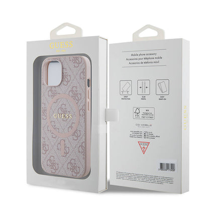 iPhone 15 Kılıf Guess Orjinal Lisanslı M-safe Şarj Özellikli PU Halkalı 4G Desenli Yazı Logolu Kılıf