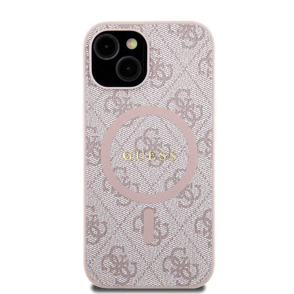 iPhone 15 Kılıf Guess Orjinal Lisanslı M-safe Şarj Özellikli PU Halkalı 4G Desenli Yazı Logolu Kılıf
