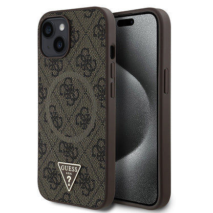 iPhone 15 Kılıf Guess Orjinal Lisanslı M-safe Şarj Özellikli PU Üçgen Logo 4G Desenli Kılıf