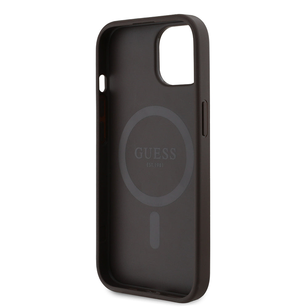 iPhone 15 Kılıf Guess Orjinal Lisanslı M-safe Şarj Özellikli PU Üçgen Logo 4G Desenli Kılıf