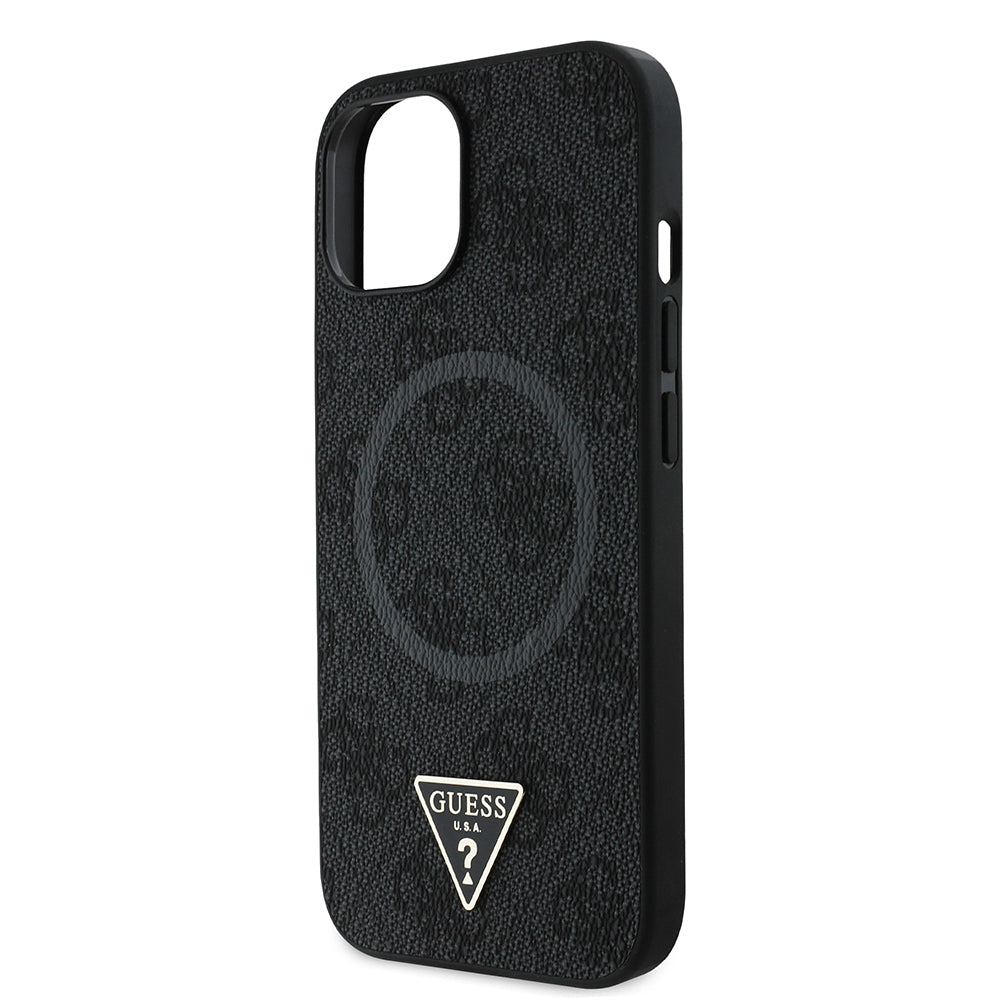 iPhone 15 Kılıf Guess Orjinal Lisanslı M-safe Şarj Özellikli PU Üçgen Logo 4G Desenli Kılıf
