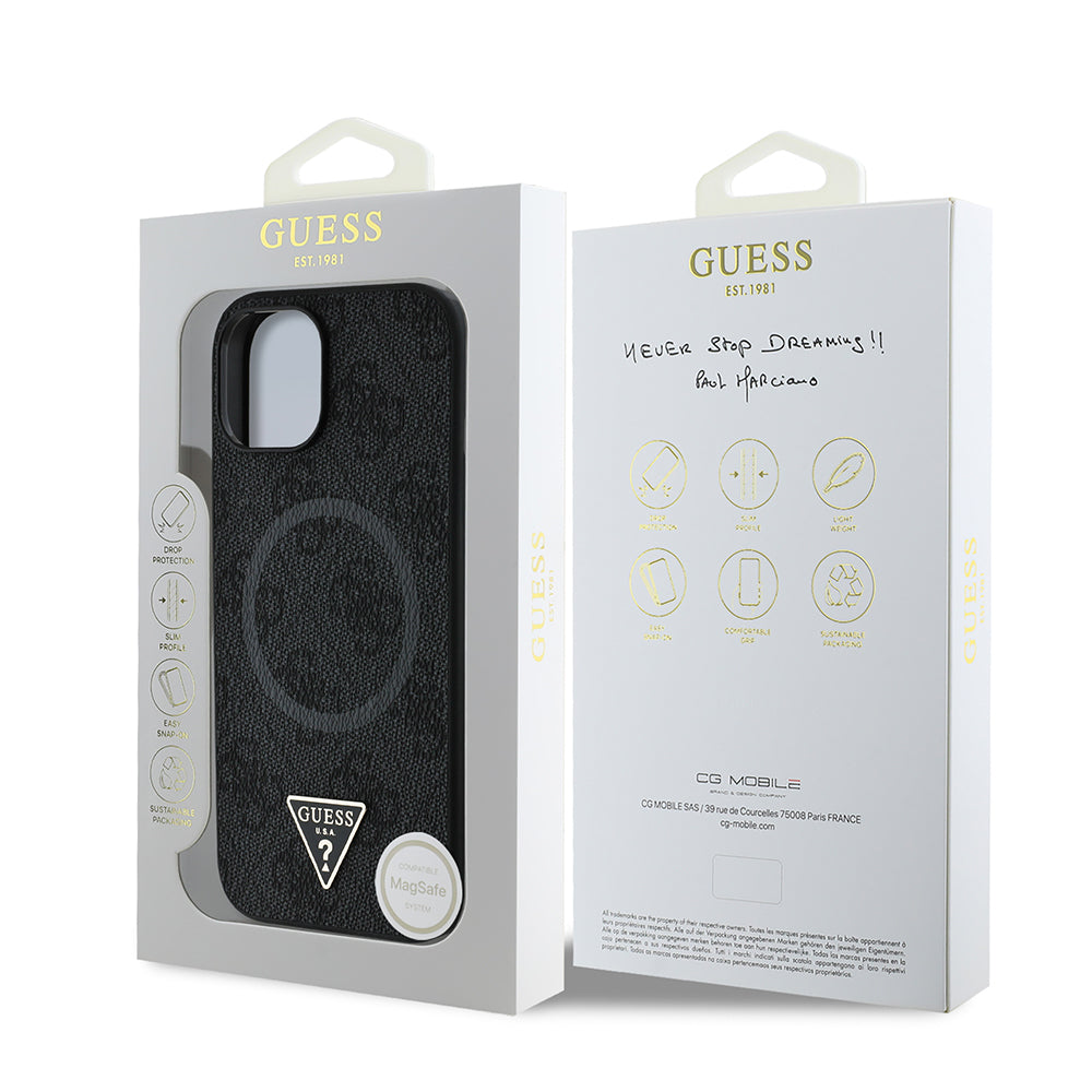 iPhone 15 Kılıf Guess Orjinal Lisanslı M-safe Şarj Özellikli PU Üçgen Logo 4G Desenli Kılıf