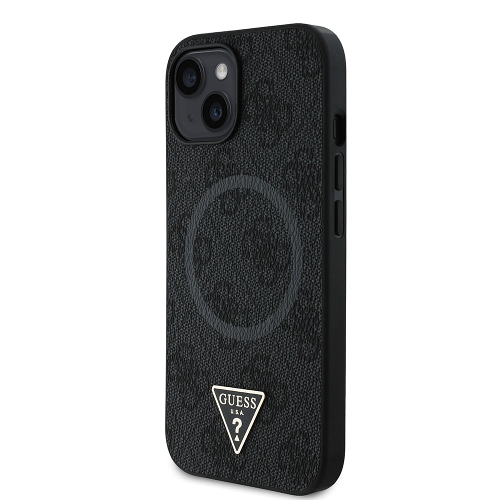 iPhone 15 Kılıf Guess Orjinal Lisanslı M-safe Şarj Özellikli PU Üçgen Logo 4G Desenli Kılıf