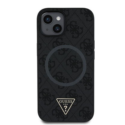 iPhone 15 Kılıf Guess Orjinal Lisanslı M-safe Şarj Özellikli PU Üçgen Logo 4G Desenli Kılıf