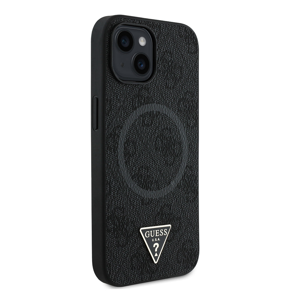 iPhone 15 Kılıf Guess Orjinal Lisanslı M-safe Şarj Özellikli PU Üçgen Logo 4G Desenli Kılıf