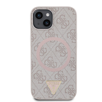 iPhone 15 Kılıf Guess Orjinal Lisanslı M-safe Şarj Özellikli PU Üçgen Logo 4G Desenli Kılıf