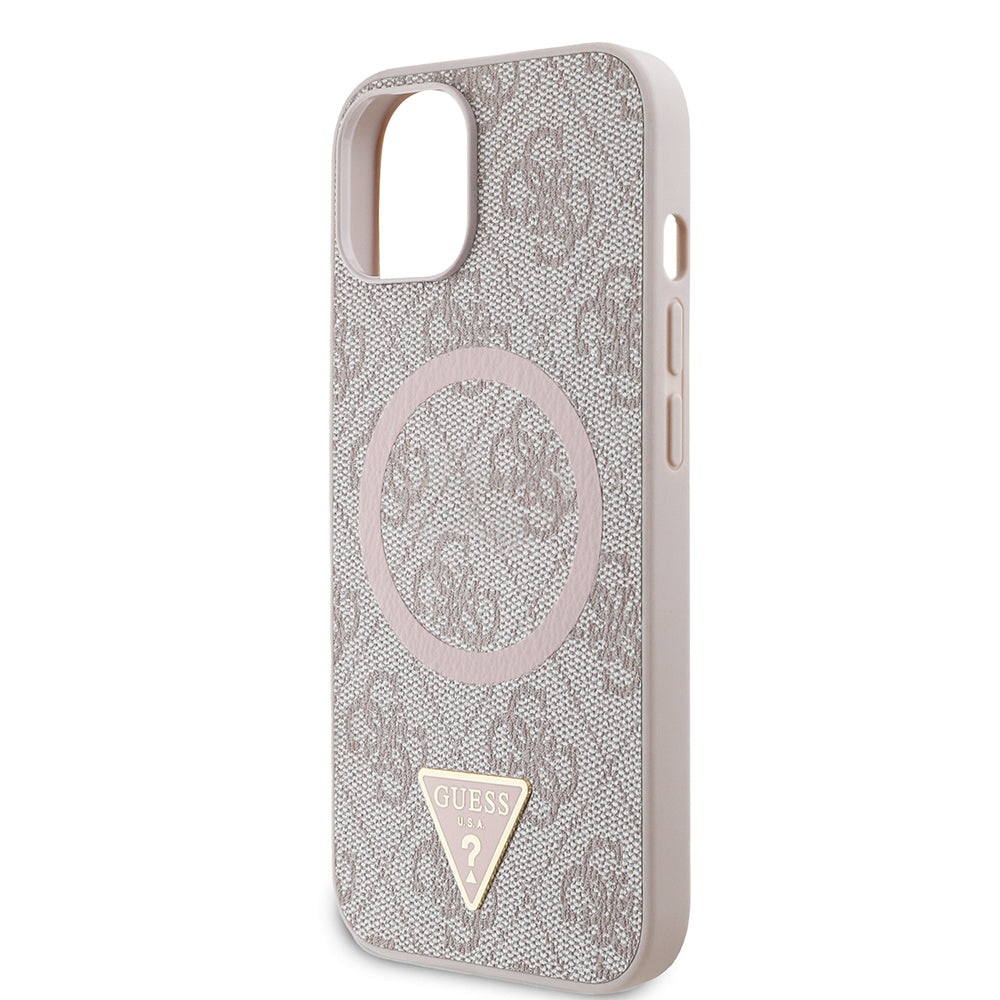 iPhone 15 Kılıf Guess Orjinal Lisanslı M-safe Şarj Özellikli PU Üçgen Logo 4G Desenli Kılıf