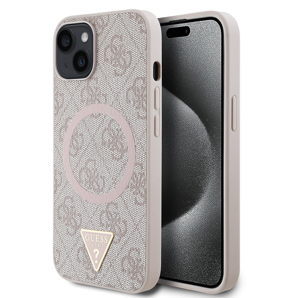 iPhone 15 Kılıf Guess Orjinal Lisanslı M-safe Şarj Özellikli PU Üçgen Logo 4G Desenli Kılıf